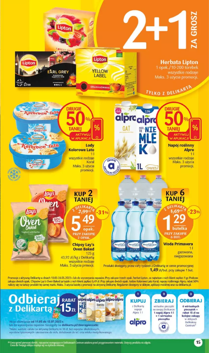 Gazetka promocyjna Delikatesy Centrum - Gazetka DC19 - ważna 18.05 do 24.05.2023 - strona 15 - produkty: Alpro, Chipsy, LG, Lipton, Lody, Napój, Napój roślinny, Napoje, Olej, Piec, Pieczątka, Prima, Primavera, Rum, Woda