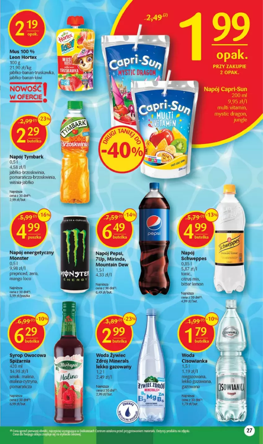 Gazetka promocyjna Delikatesy Centrum - Gazetka DC19 - ważna 18.05 do 24.05.2023 - strona 27 - produkty: 7up, Cisowianka, Hortex, Kiwi, Leon, Mango, Mirinda, Mus, Napój, Napój energetyczny, Pepsi, Schweppes, Syrop, Tymbark, Woda