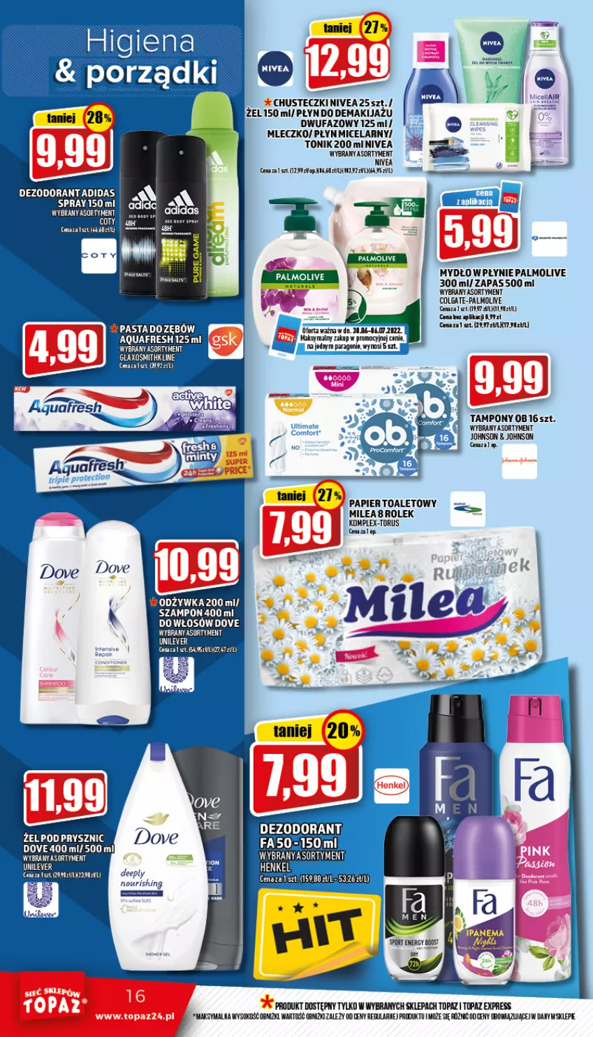 Gazetka promocyjna Topaz - Gazetka - ważna 30.06 do 06.07.2022 - strona 16 - produkty: Adidas, Aquafresh, Chusteczki, Colgate, Dezodorant, Dove, Fa, LG, Makijaż, Mleczko, Mydło, Nivea, Palmolive, Płyn micelarny, Por, Sok, Sport, Tampony, Tonik, Top