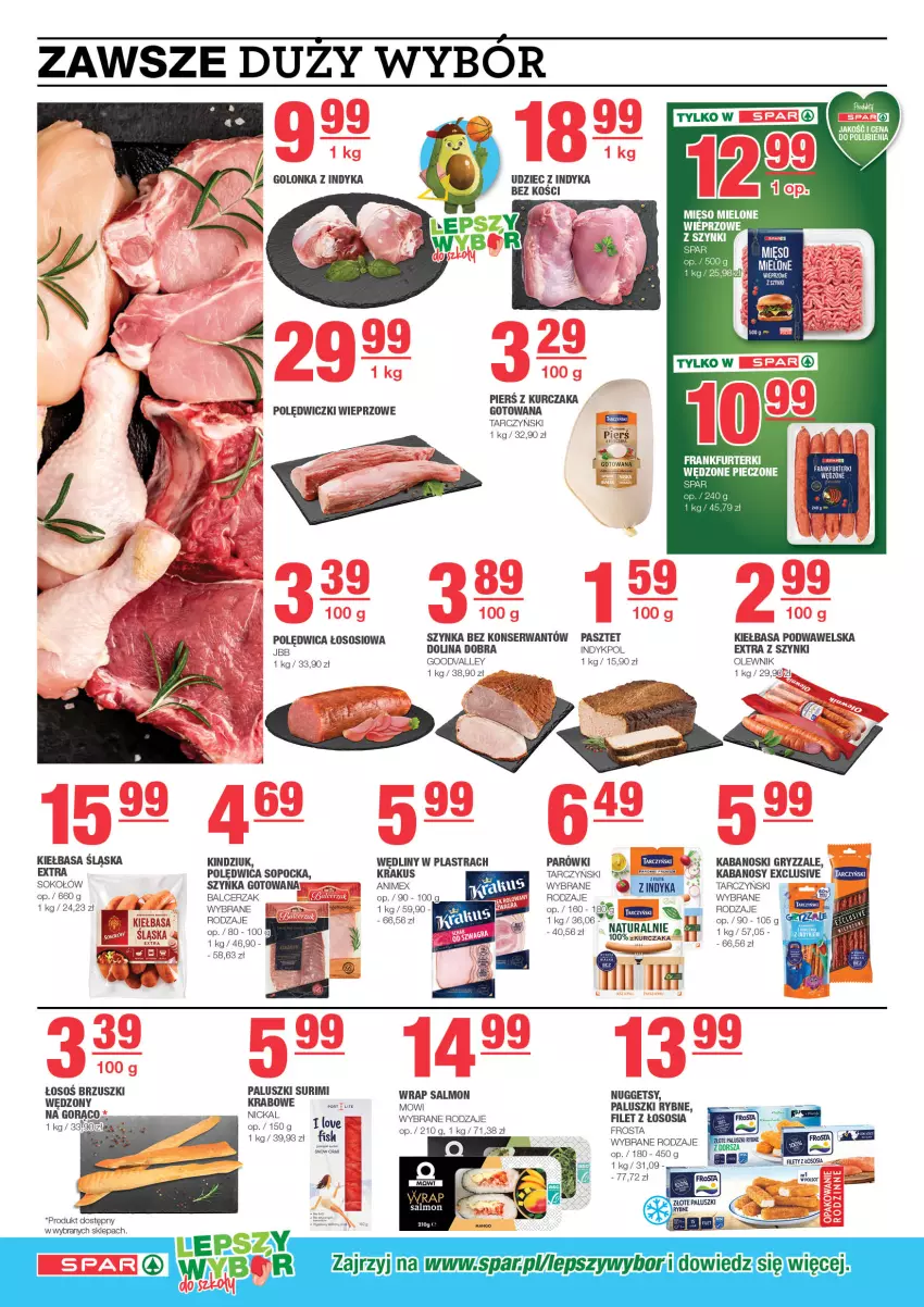 Gazetka promocyjna Spar - EuroSpar - ważna 25.08 do 04.09.2024 - strona 4 - produkty: Frankfurterki, Frosta, Gra, Gry, Kabanos, Kiełbasa, Kiełbasa podwawelska, Kiełbasa śląska, Kindziuk, Krakus, Kurczak, Mięso, Mięso mielone, Olewnik, Paluszki rybne, Parówki, Pasztet, Polędwica, Por, Ser, Sok, Sokołów, Sos, Surimi, Szynka, Tarczyński, Udziec z indyka, Wawel