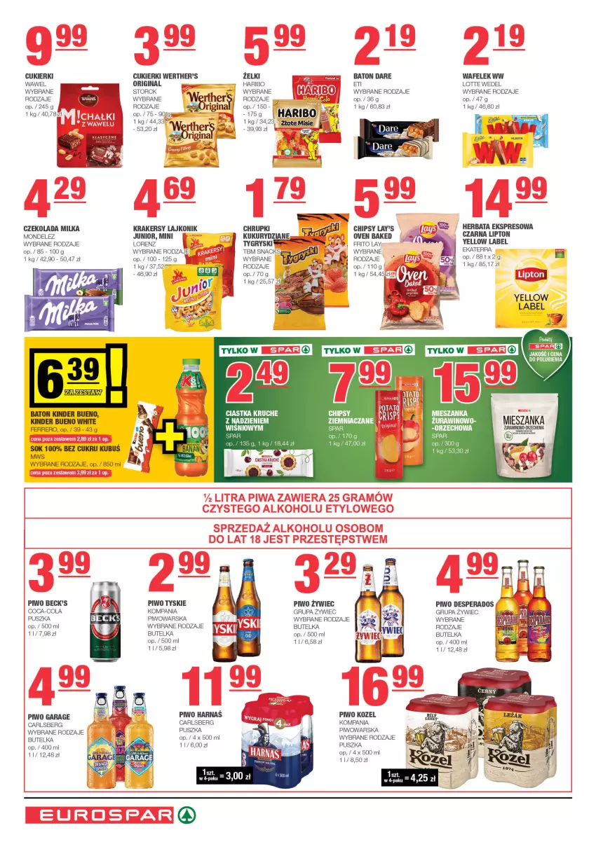 Gazetka promocyjna Spar - EuroSpar - ważna 25.08 do 04.09.2024 - strona 6 - produkty: Baton, Carlsberg, Chipsy, Chrupki, Coca-Cola, Cukier, Cukierki, Czekolada, Desperados, Ferrero, Gin, Gry, Haribo, Harnaś, Herbata, Kinder, Kinder Bueno, Kozel, Krakersy, Kubuś, Lajkonik, Lipton, Lorenz, Milka, Piwo, Sok, Tyskie, Wafelek, Wawel, Wino