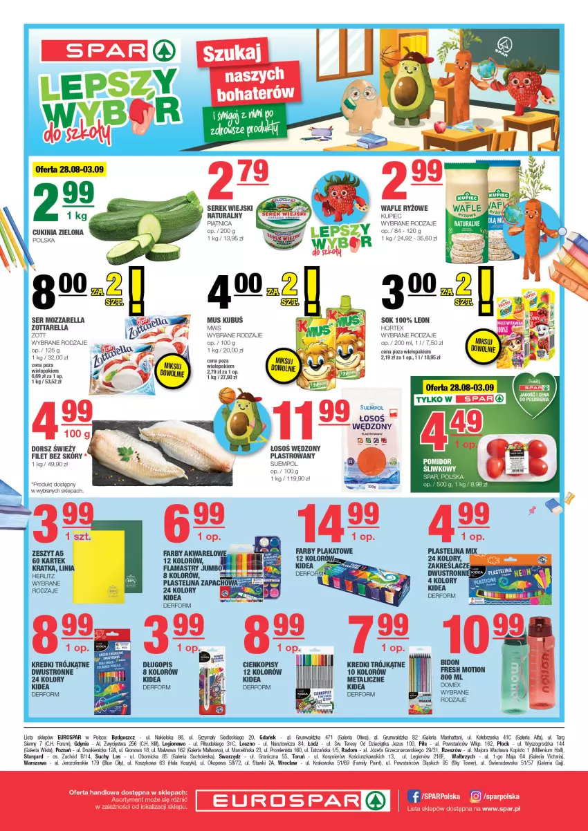 Gazetka promocyjna Spar - EuroSpar - ważna 25.08 do 04.09.2024 - strona 8 - produkty: Dorsz, Dzieci, Fa, Gra, Hortex, Kosz, Kubuś, Kupiec, Leon, Mozzarella, Mus, Piątnica, Piec, Plastelina, Rum, Ryż, Ser, Serek, Serek wiejski, Sok, Suempol, Wafle, Zott, Zottarella