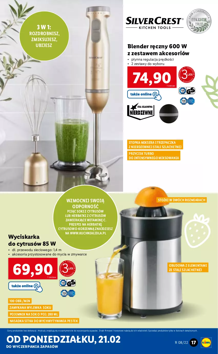 Gazetka promocyjna Lidl - GAZETKA - ważna 21.02 do 26.02.2022 - strona 19 - produkty: Blender, Blender ręczny, Kuchnia, Mikser, Pojemnik, Por, Ser, Sok, Stek, Top, Trzepaczka, Wyciskarka