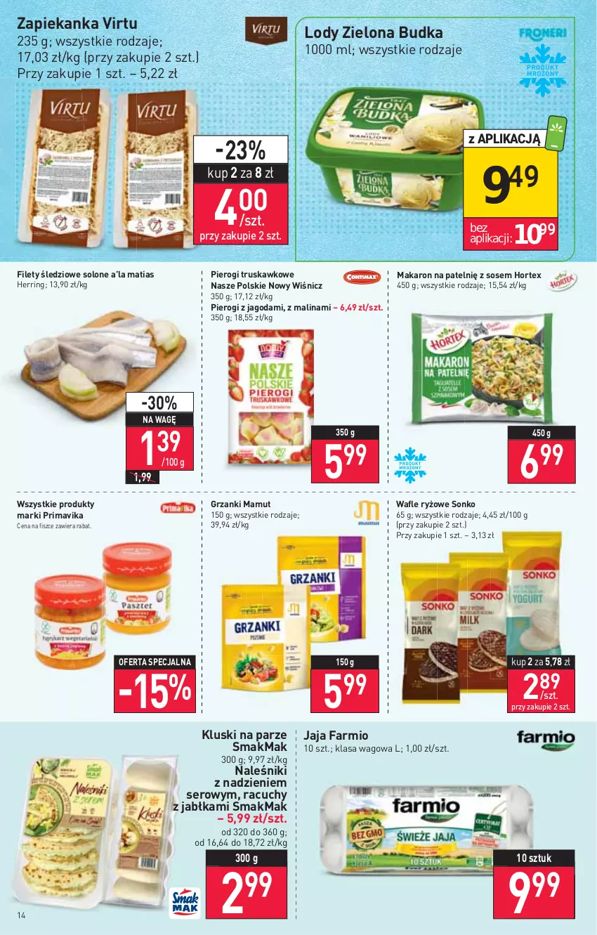 Gazetka promocyjna Stokrotka - Supermarket - ważna 23.06 do 29.06.2022 - strona 14 - produkty: Fa, Hortex, Jabłka, Jaja, Kluski na parze, Lody, Makaron, Naleśniki, Pierogi, Prima, Primavika, Ryż, Ser, Sonko, Sos, Virtu, Wafle, Zapiekanka, Zielona Budka