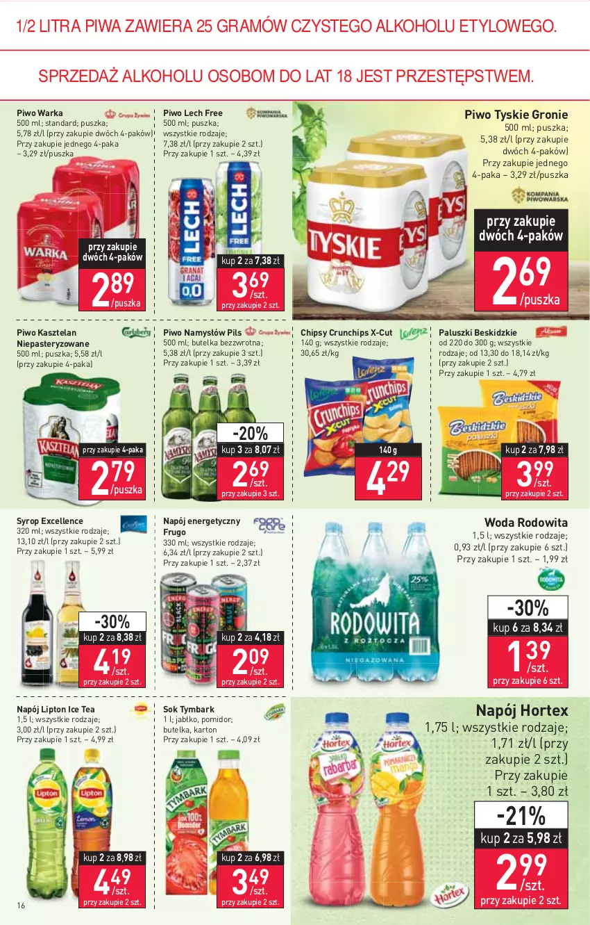 Gazetka promocyjna Stokrotka - Supermarket - ważna 23.06 do 29.06.2022 - strona 16 - produkty: Beskidzki, Chipsy, Crunchips, Gra, Hortex, Ice tea, Kasztelan, Lipton, Namysłów, Napój, Napój energetyczny, Piwa, Piwo, Sok, Syrop, Tymbark, Tyskie, Warka, Woda