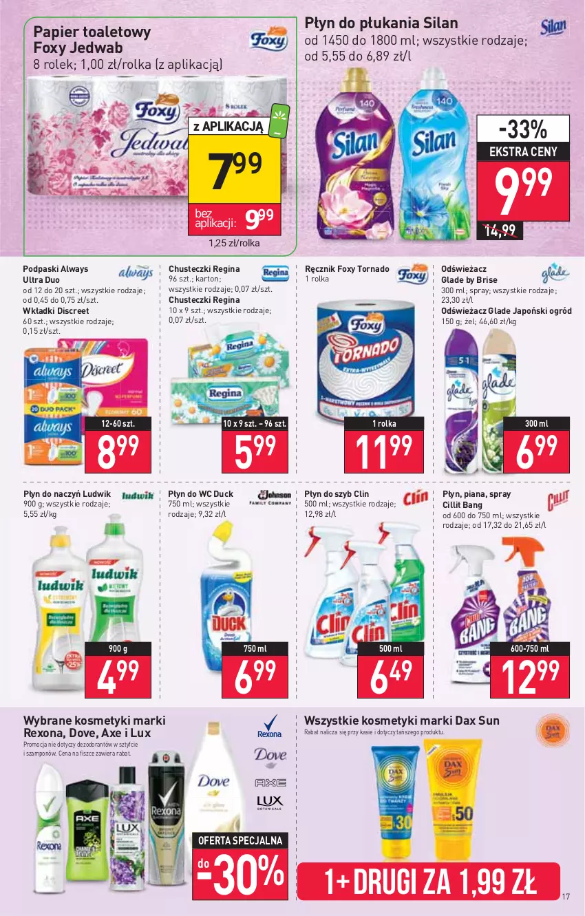 Gazetka promocyjna Stokrotka - Supermarket - ważna 23.06 do 29.06.2022 - strona 17 - produkty: Always, Always Ultra, Chusteczki, Cillit Bang, Clin, DAX, Dezodorant, Discreet, Dove, Duck, Foxy, Gin, Ludwik, Ogród, Papier, Papier toaletowy, Płyn do płukania, Płyn do szyb, Płyn do wc, Podpaski, Ręcznik, Rexona, Silan, Szampon, Wkładki