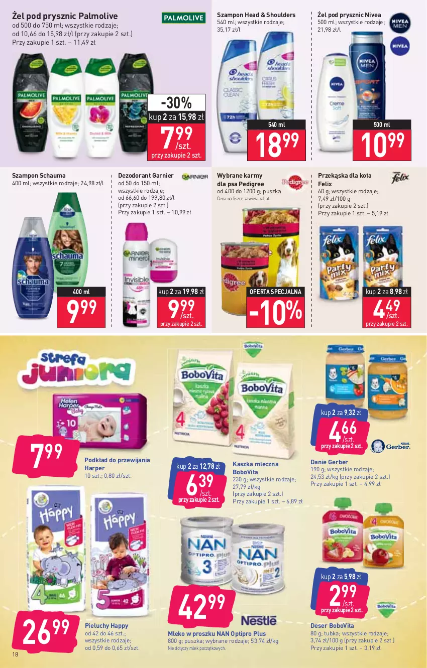 Gazetka promocyjna Stokrotka - Supermarket - ważna 23.06 do 29.06.2022 - strona 18 - produkty: BoboVita, Deser, Dezodorant, Felix, Garnier, Gerber, Mleko, Mleko w proszku, NAN Optipro, Nivea, Palmolive, Pedigree, Pieluchy, Podkład, Schauma, Ser, Szampon