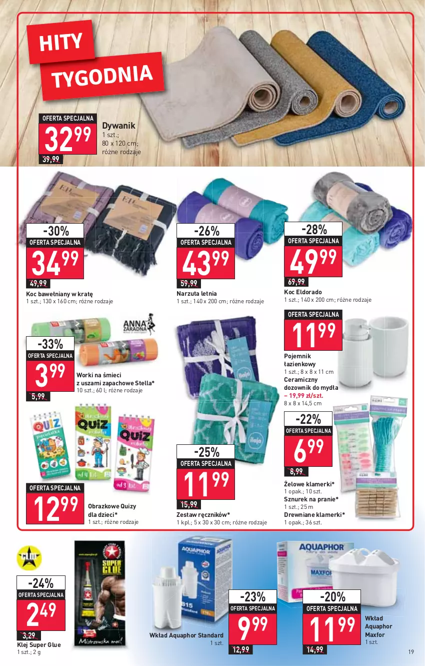 Gazetka promocyjna Stokrotka - Supermarket - ważna 23.06 do 29.06.2022 - strona 19 - produkty: Aquaphor, Dozownik, Dywan, Dywanik, Dzieci, Klej, Koc, Narzuta, Obraz, Pojemnik, Quiz, Ręcznik, Sznurek, Worki na śmiec, Worki na śmieci