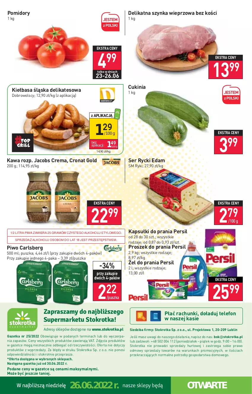 Gazetka promocyjna Stokrotka - Supermarket - ważna 23.06 do 29.06.2022 - strona 20 - produkty: Carlsberg, Edam, Gra, Jacobs, Kapsułki do prania, Kawa, Kiełbasa, Kiełbasa śląska, O nas, Persil, Piwa, Piwo, Pomidory, Proszek do prania, Rycki Edam, Ser, Szynka, Szynka wieprzowa, Telefon, Wagi