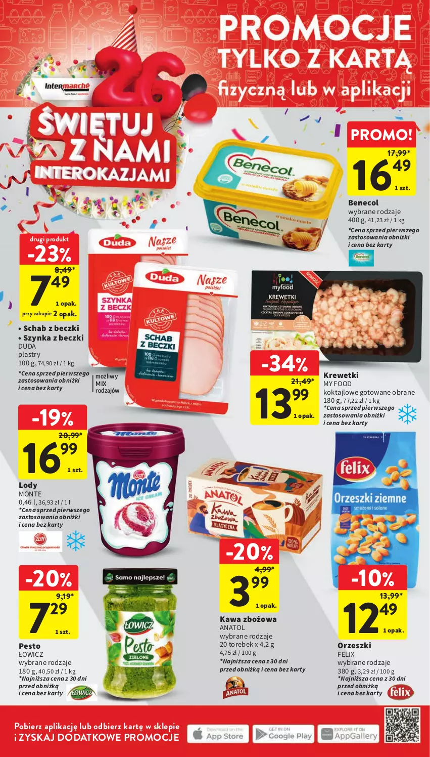 Gazetka promocyjna Intermarche - Gazetka Intermarche - ważna 05.10 do 11.10.2023 - strona 12 - produkty: Benecol, Duda, Felix, Kawa, Kawa zbożowa, Krewetki, Lody, Monte, Orzeszki, Pesto, Szynka, Szynka z beczki