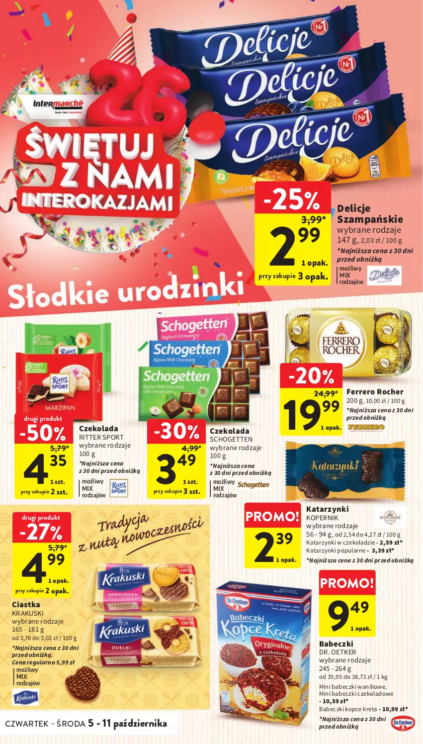 Gazetka promocyjna Intermarche - Gazetka Intermarche - ważna 05.10 do 11.10.2023 - strona 34 - produkty: Babeczki, Ciastka, Czekolada, Delicje, Dr. Oetker, Ferrero, Ferrero Rocher, Krakus, Krakuski, Kret, Por, Ritter Sport, Schogetten, Sport