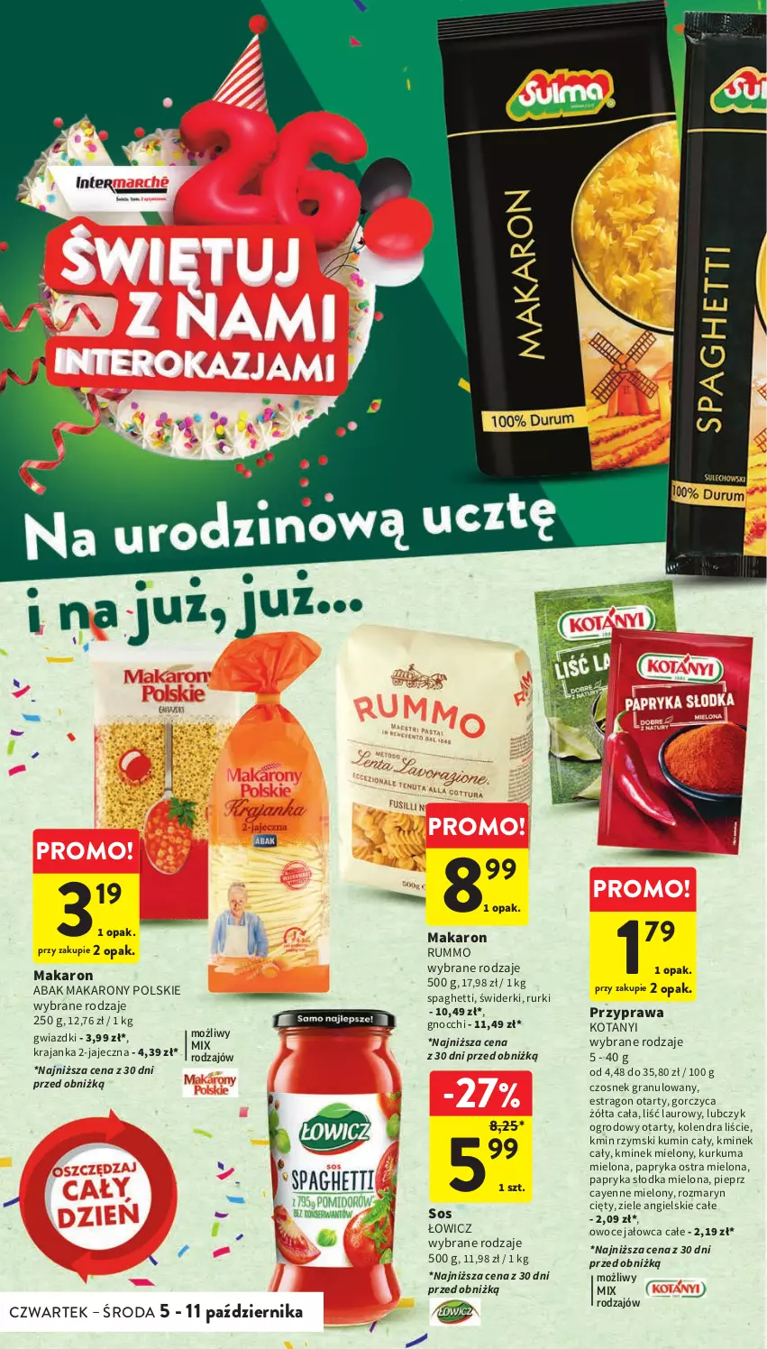 Gazetka promocyjna Intermarche - Gazetka Intermarche - ważna 05.10 do 11.10.2023 - strona 36 - produkty: Czosnek, Czosnek granulowany, Gnocchi, Gra, Kminek, Kminek cały, Kolendra, Kurkuma, Laur, Makaron, Owoce, Papryka, Papryka słodka, Pieprz, Rum, Rurki, Sos, Spaghetti, Ziele angielskie