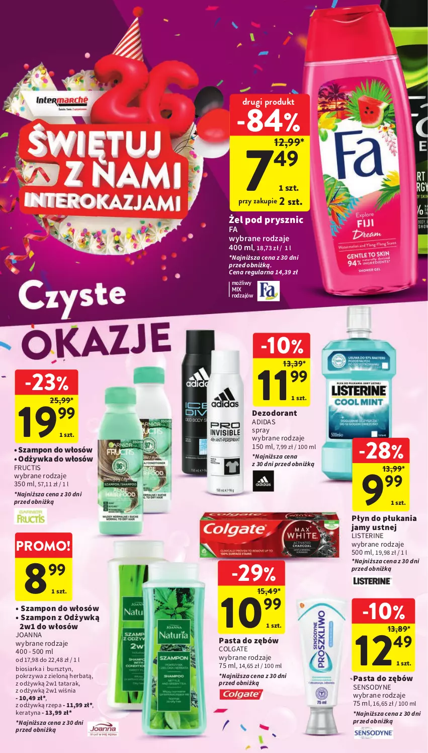 Gazetka promocyjna Intermarche - Gazetka Intermarche - ważna 05.10 do 11.10.2023 - strona 40 - produkty: Adidas, Bursztyn, Colgate, Dezodorant, Fa, Fructis, Joanna, LG, Listerine, Odżywka, Pasta do zębów, Płyn do płukania, Płyn do płukania jamy ustnej, Sensodyne, Szampon