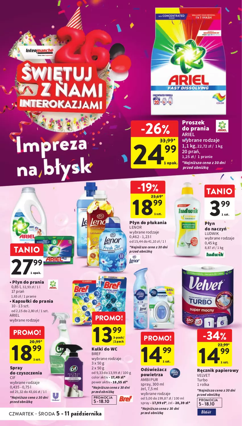 Gazetka promocyjna Intermarche - Gazetka Intermarche - ważna 05.10 do 11.10.2023 - strona 42 - produkty: Ambi Pur, Ariel, Bref, Cif, Kapsułki do prania, Kulki do wc, Lenor, Ludwik, Odświeżacz powietrza, Papier, Płyn do płukania, Płyn do prania, Proszek do prania, Pur, Ręcznik, Spray do czyszczenia, Velvet