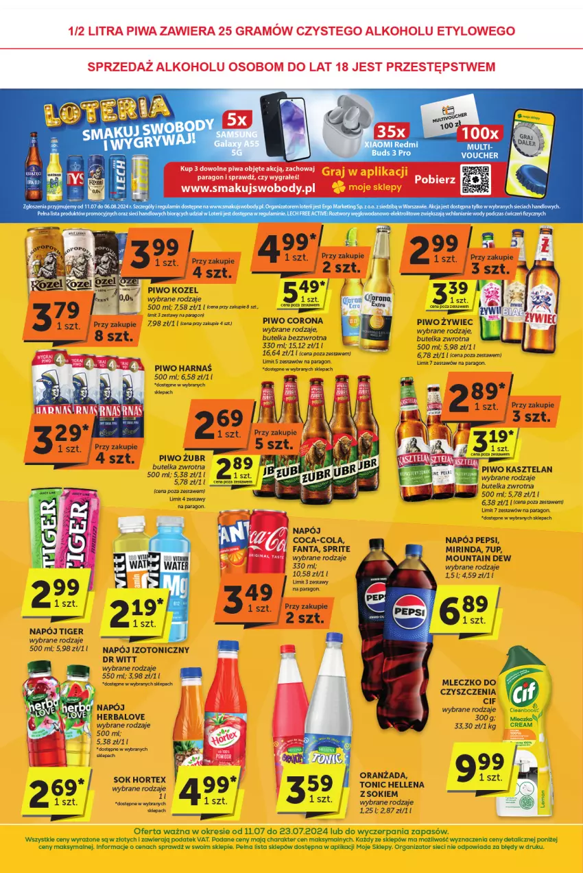 Gazetka promocyjna ABC - ważna 11.07 do 23.07.2024 - strona 4 - produkty: 7up, Body, Cif, Coca-Cola, Fa, Fanta, Gra, Harnaś, Hellena, Hortex, Kasztelan, Kozel, Miecz, Mirinda, Mleczko, Napój, Napój izotoniczny, Oranżada, Pepsi, Piwo, Sok, Sprite, Tiger, Woda