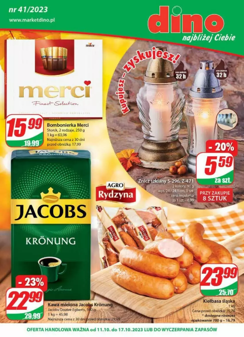 Gazetka promocyjna Dino - ważna 11.10 do 17.10.2023 - strona 1 - produkty: Jacobs, JBL, Kawa, Kawa mielona, Kiełbasa, Kiełbasa śląska, Merci