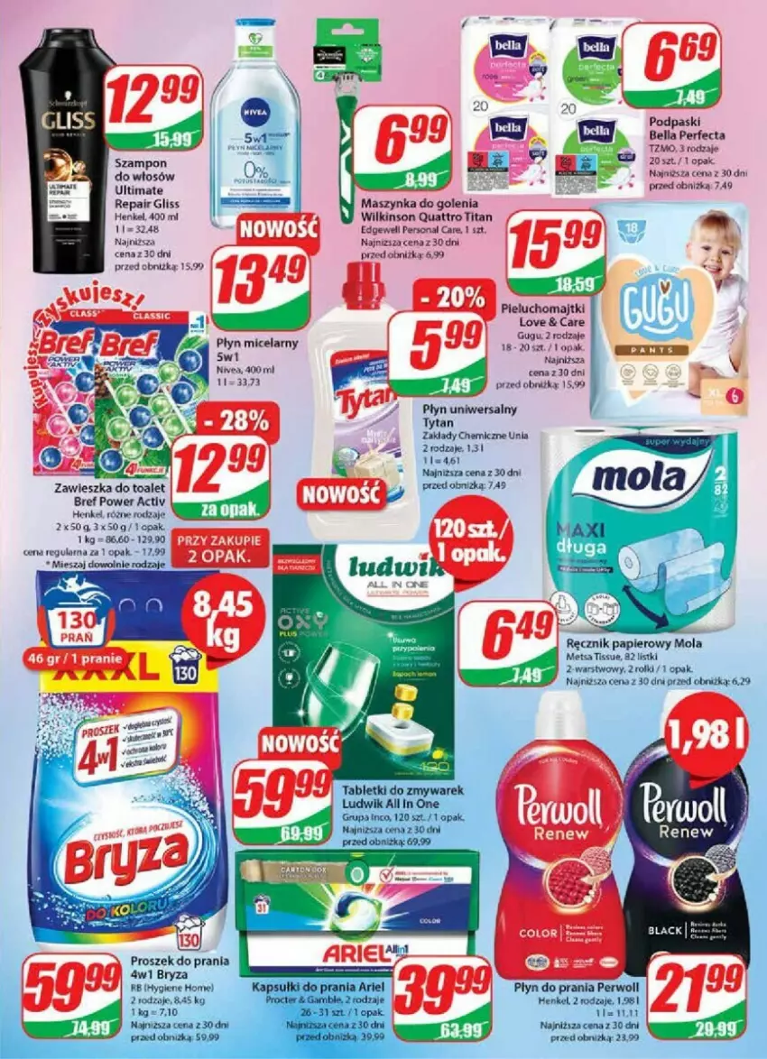 Gazetka promocyjna Dino - ważna 11.10 do 17.10.2023 - strona 16 - produkty: Bell, Bella, Bref, Bryza, Majtki, Maszynka, Maszynka do golenia, Mola, Nivea, Papier, Perfecta, Perwoll, Pieluchomajtki, Płyn do prania, Płyn micelarny, Podpaski, Proszek do prania, Ręcznik, Rolki, Szampon, Szynka, Tytan