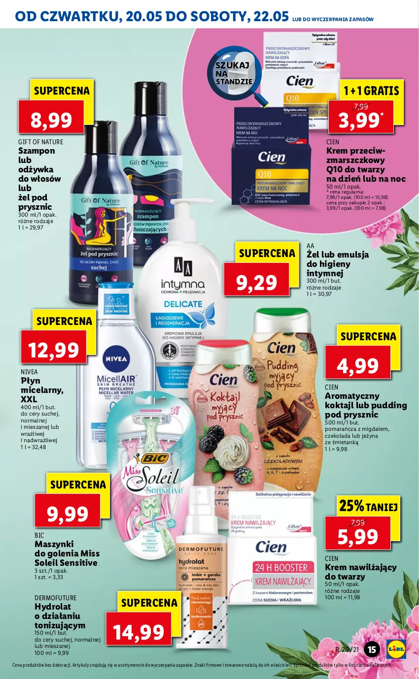 Gazetka promocyjna Lidl - GAZETKA - ważna 20.05 do 22.05.2021 - strona 15 - produkty: BIC, Czekolada, Dermofuture, Emulsja, Gift of Nature, Gra, Hydrolat, Krem nawilżający, Krem przeciwzmarszczkowy, Mars, Nivea, Odżywka, Płyn micelarny, Pudding, Szampon