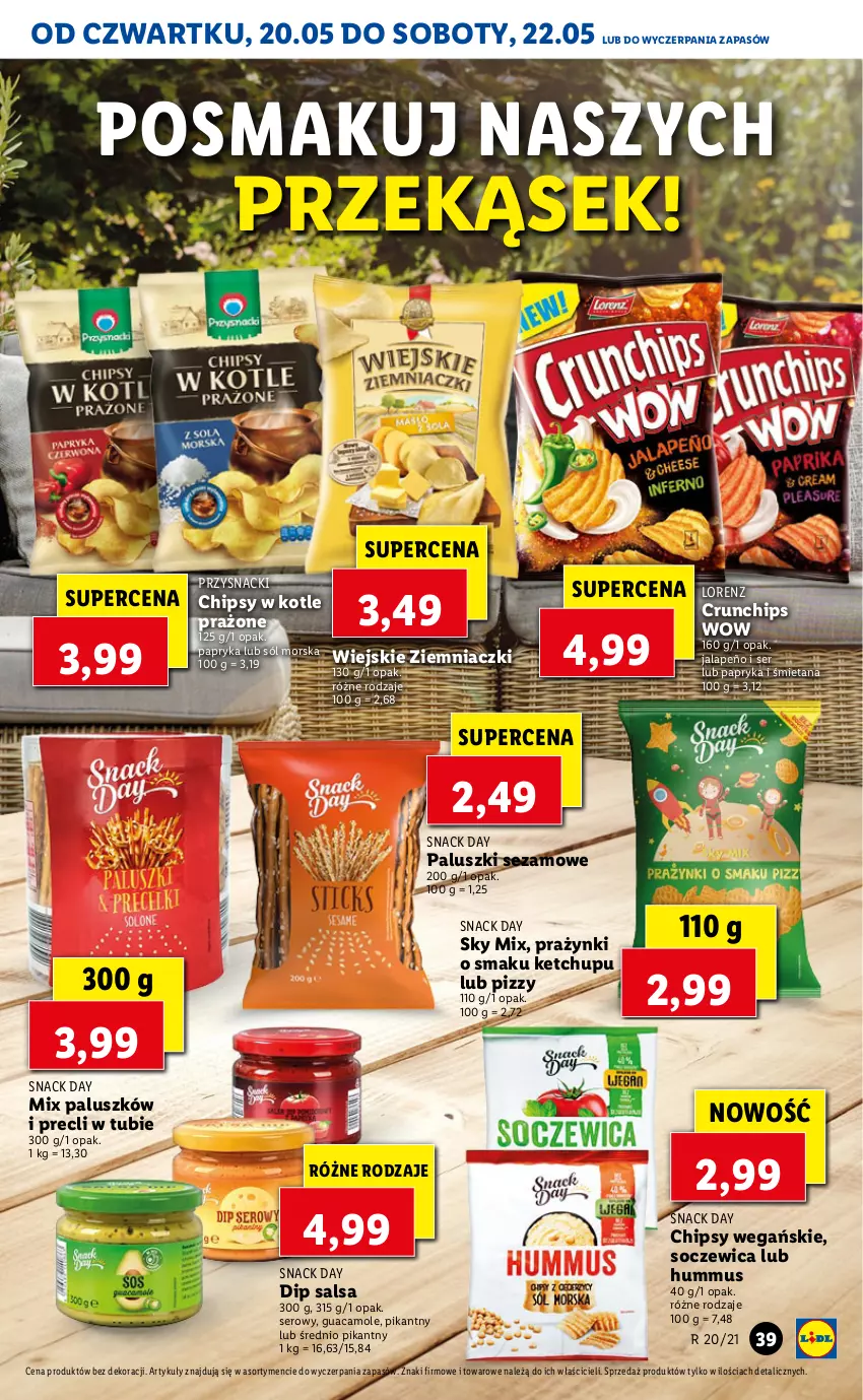 Gazetka promocyjna Lidl - GAZETKA - ważna 20.05 do 22.05.2021 - strona 39 - produkty: Amol, Chipsy, Crunchips, Hummus, Ketchup, Lorenz, Mus, Papryka, Przysnacki, Salsa, Ser, Sezam, Sól