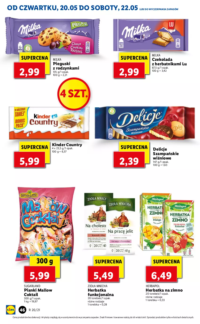 Gazetka promocyjna Lidl - GAZETKA - ważna 20.05 do 22.05.2021 - strona 46 - produkty: Czekolada, Delicje, Herbapol, Kinder, Milka, Torebka