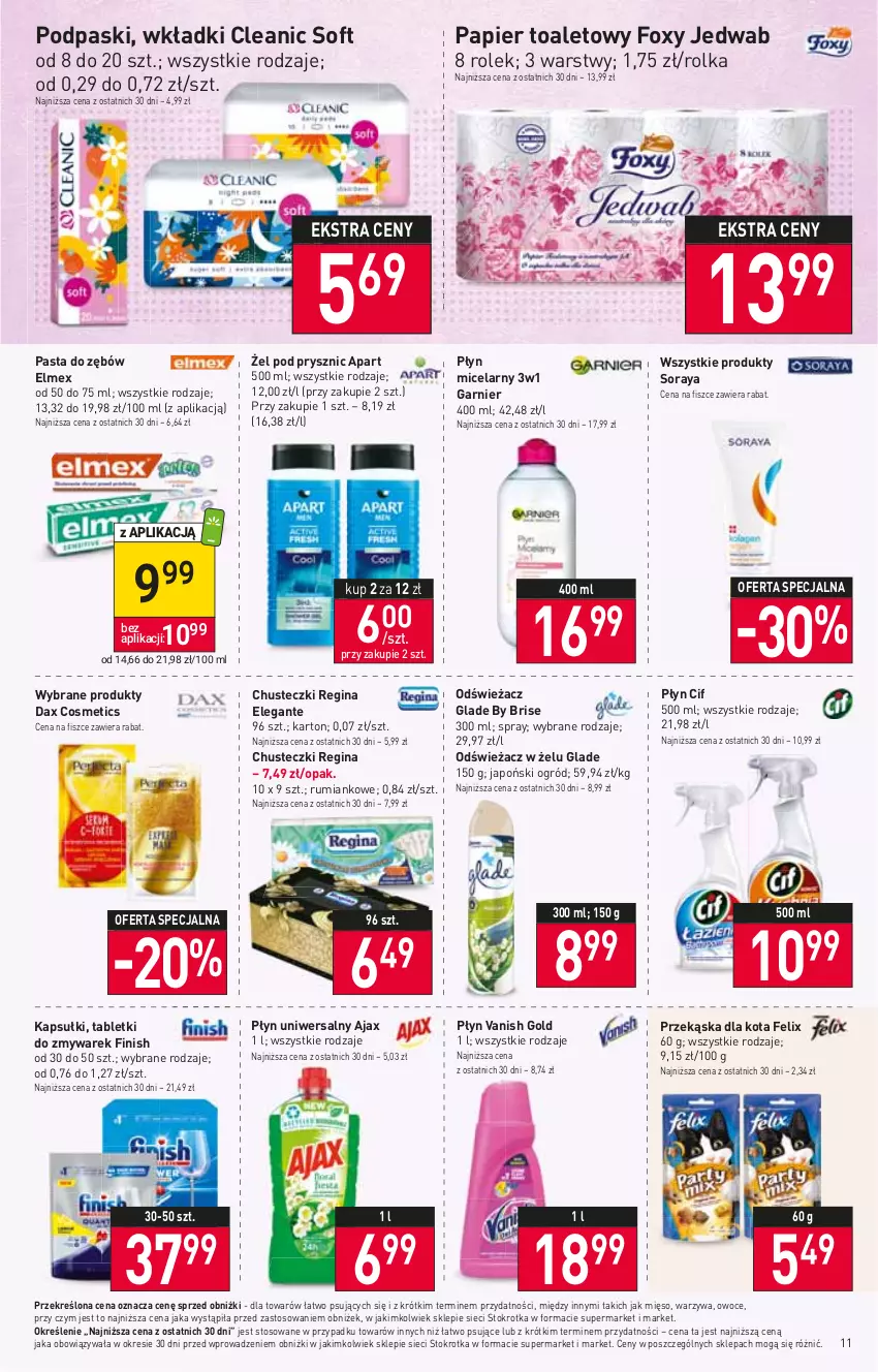 Gazetka promocyjna Stokrotka - Supermarket - ważna 18.05 do 24.05.2023 - strona 11 - produkty: Ajax, Chusteczki, Cif, Cleanic, DAX, Elmex, Felix, Finish, Foxy, Garnier, Gin, Mięso, Ogród, Owoce, Papier, Papier toaletowy, Pasta do zębów, Płyn micelarny, Podpaski, Rum, Tablet, Vanish, Vanish Gold, Warzywa, Wkładki