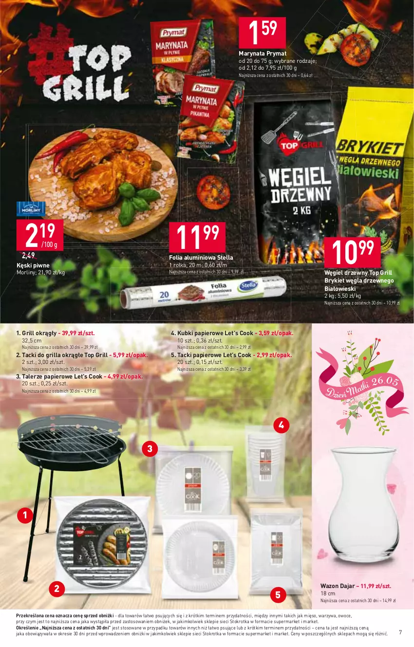 Gazetka promocyjna Stokrotka - Supermarket - ważna 18.05 do 24.05.2023 - strona 7 - produkty: Folia aluminiowa, Grill, Kęski piwne, Mięso, Morliny, Owoce, Papier, Prymat, Talerz, Top, Warzywa, Wazon, Węgiel drzewny