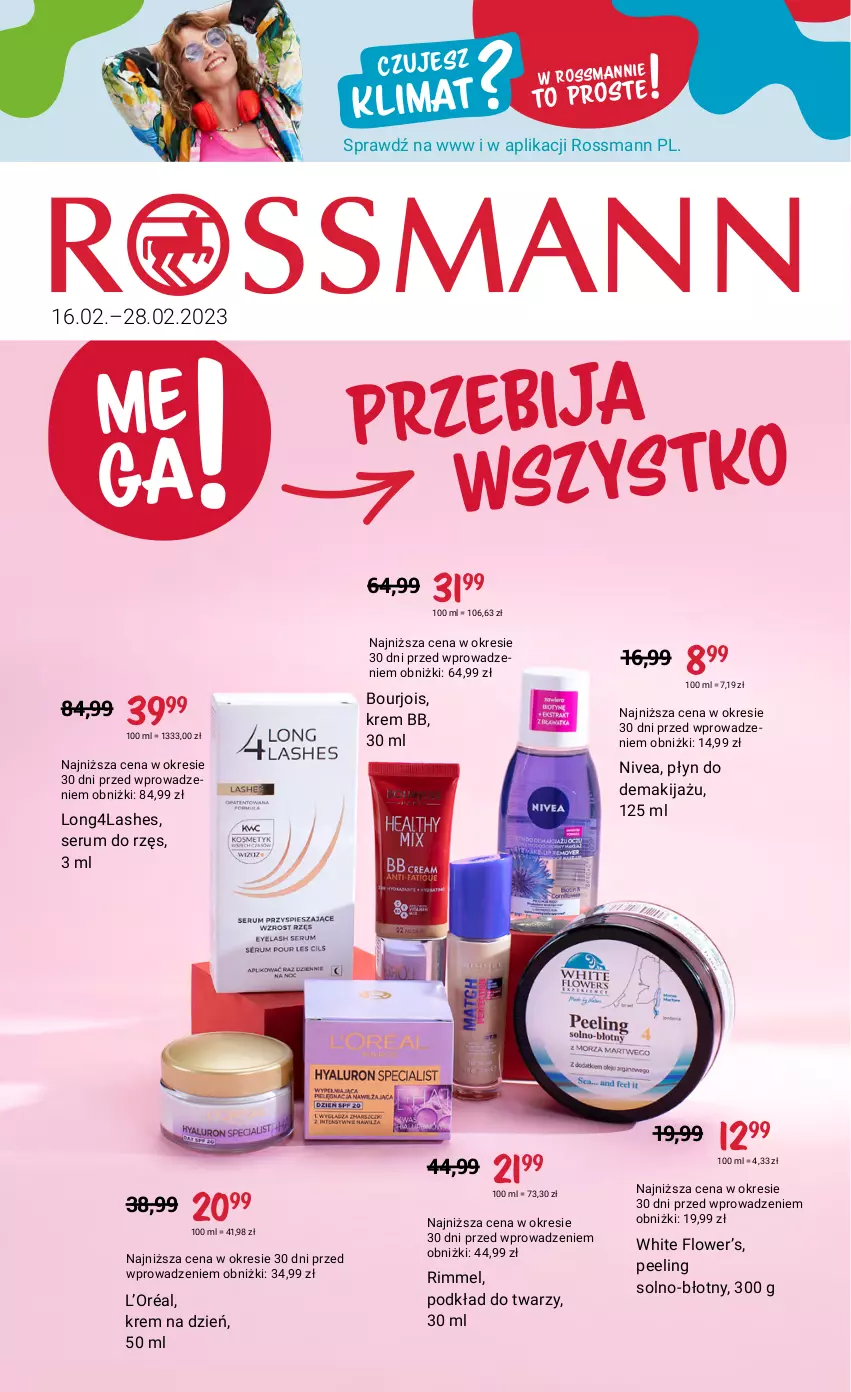 Gazetka promocyjna Rossmann - 16 lutego - ważna 16.02 do 28.02.2023 - strona 1 - produkty: Bourjois, Krem bb, Krem na dzień, L’Oréal, Makijaż, Nivea, Peeling, Podkład, Podkład do twarzy, Rum, Ser, Serum