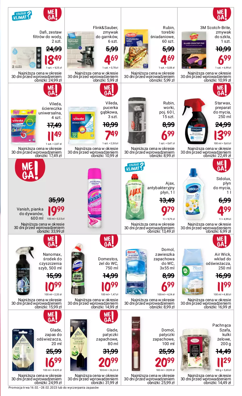 Gazetka promocyjna Rossmann - 16 lutego - ważna 16.02 do 28.02.2023 - strona 3 - produkty: Air Wick, Ajax, Brit, Danio, Domestos, Domol, Dywan, Fa, Nanomax, Płyn do mycia, Rubin, Sidolux, Szafa, Vanish, Vileda