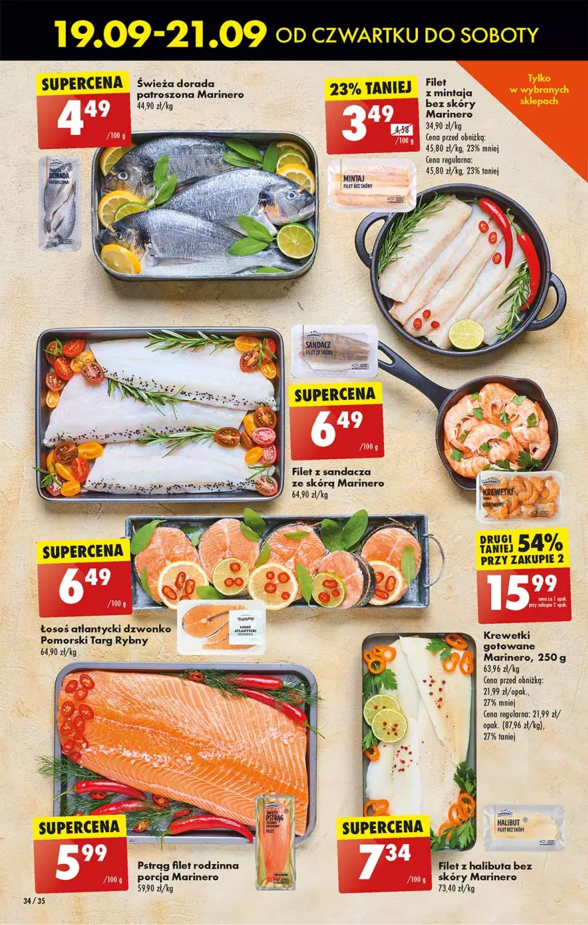 Gazetka promocyjna Biedronka - Od czwartku - ważna 19.09 do 25.09.2024 - strona 34 - produkty: Filet z sandacza, Halibut, Krewetki, Mintaj, Por, Pstrąg, Sandacz, Ser