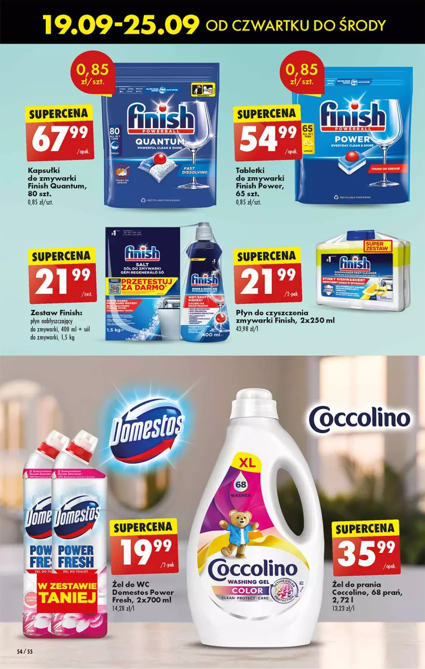 Gazetka promocyjna Biedronka - Od czwartku - ważna 19.09 do 25.09.2024 - strona 54 - produkty: Coccolino, Domestos, Finish, Płyn nabłyszczający, Sól, Tablet, Tabletki do zmywarki, Zmywarki