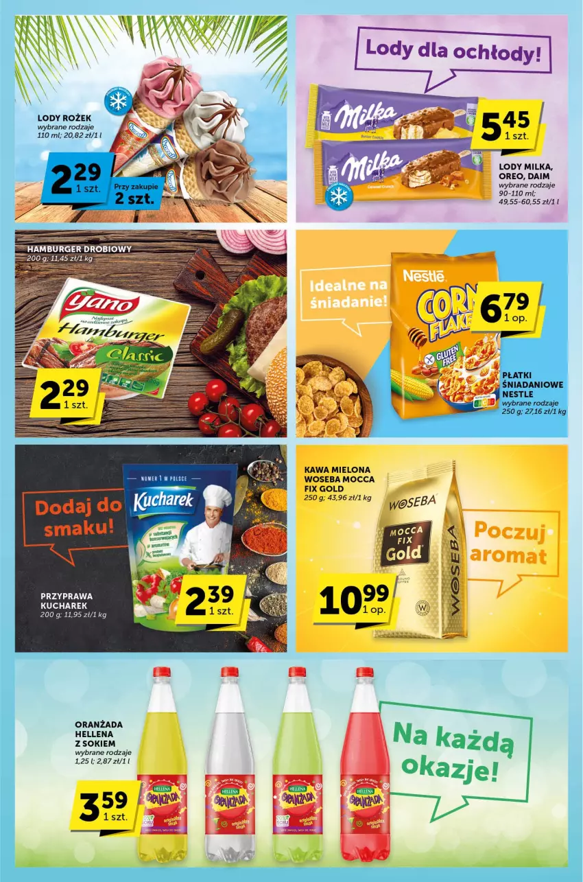 Gazetka promocyjna Groszek - ważna 13.07 do 25.07.2023 - strona 6 - produkty: Danio, Hellena, Kawa, Kawa mielona, Kucharek, Lody, Milka, Oranżada, Oreo, Sok, Woseba