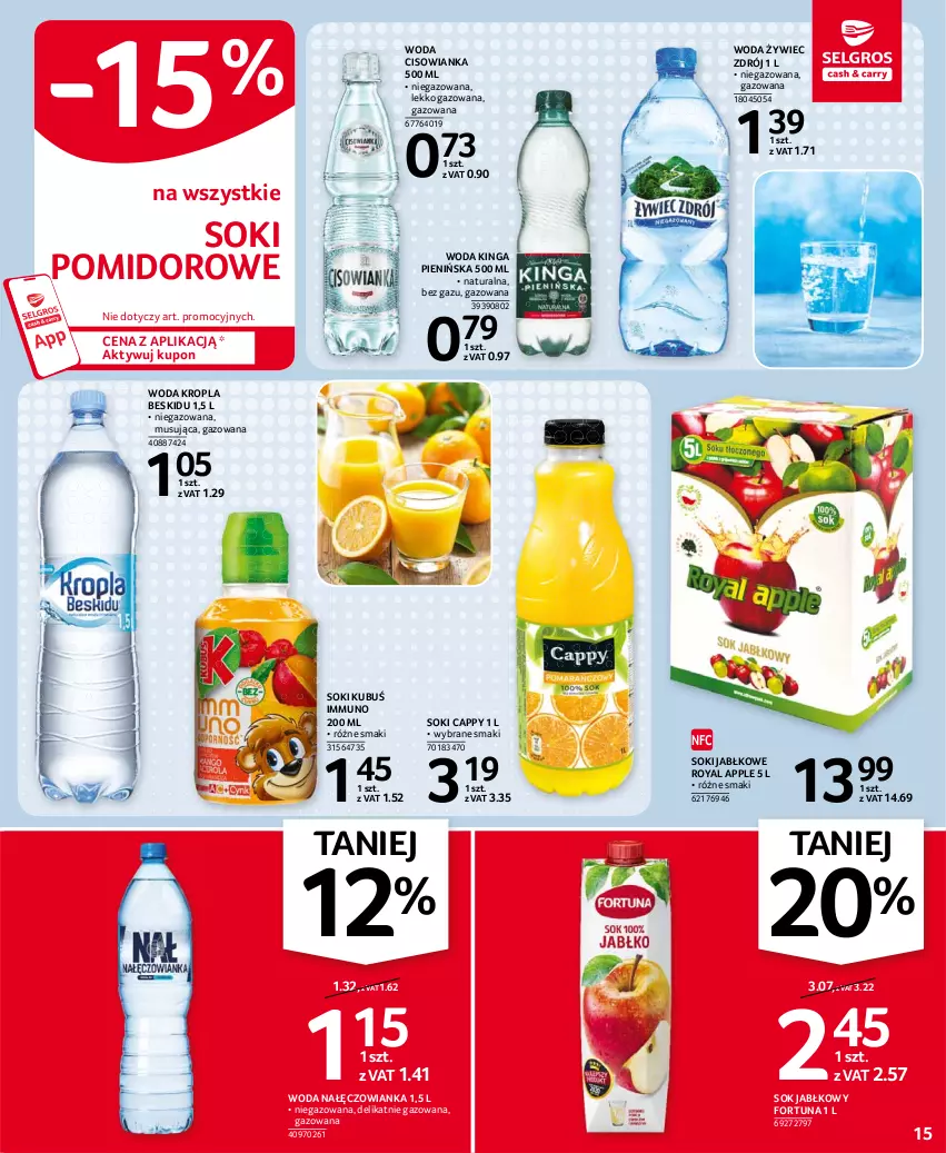 Gazetka promocyjna Selgros - Oferta spożywcza - ważna 06.04 do 14.04.2021 - strona 15 - produkty: Cappy, Cisowianka, Fortuna, Kubuś, Mus, Nałęczowianka, Sok, Sok jabłkowy, Woda