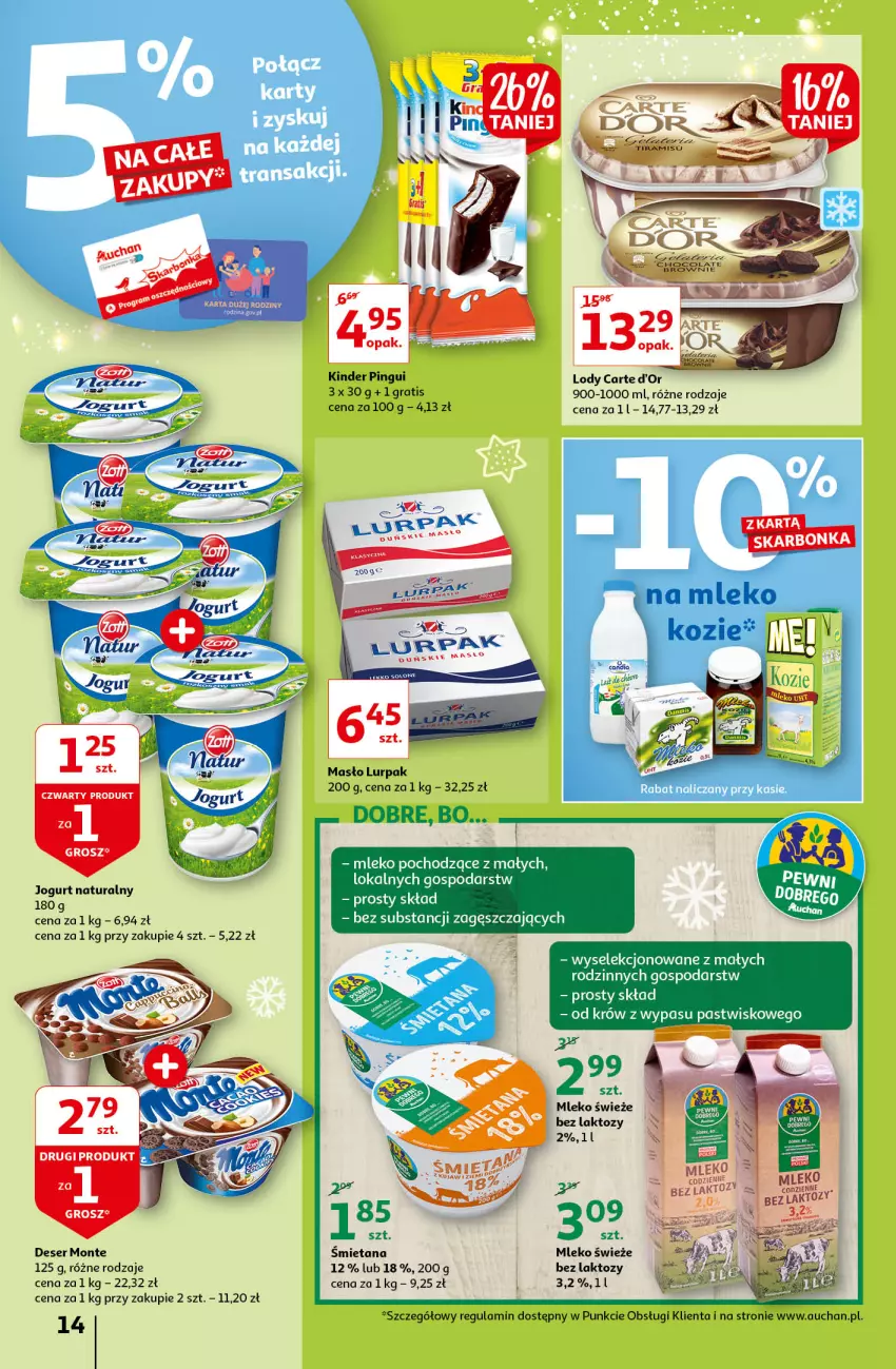 Gazetka promocyjna Auchan - Magia Świąt Hipermarkety - ważna 09.12 do 15.12.2021 - strona 14 - produkty: Carte d'Or, Deser, Gra, Jogurt, Jogurt naturalny, Kinder, LG, Lody, Lurpak, Masło, Mleko, Monte, Ser