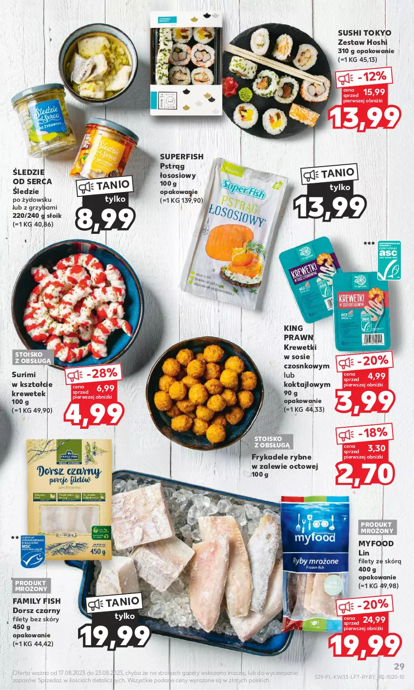 Gazetka promocyjna Kaufland - Gazetka tygodnia - ważna 17.08 do 23.08.2023 - strona 29 - produkty: Dorsz, Fa, Krewetki, Pstrąg, Pstrąg łososiowy, Ser, Sos, Surimi, Sushi