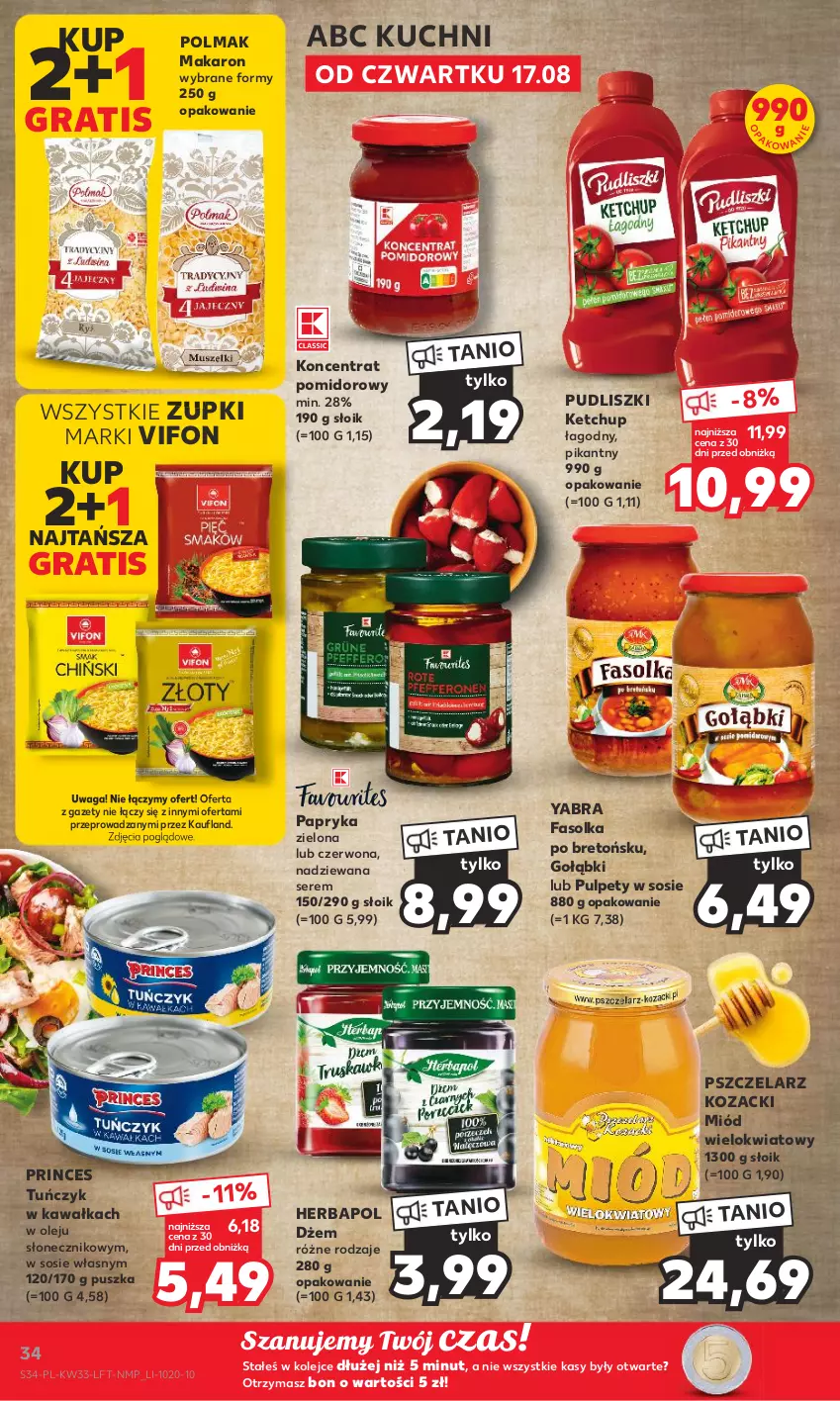 Gazetka promocyjna Kaufland - Gazetka tygodnia - ważna 17.08 do 23.08.2023 - strona 34 - produkty: Dżem, Fa, Gra, Herbapol, Kawa, Ketchup, Koncentrat pomidorowy, Makaron, Miód, Olej, Olma, Papryka, Pudliszki, Pulpety, Ser, Sos, Tuńczyk, Waga