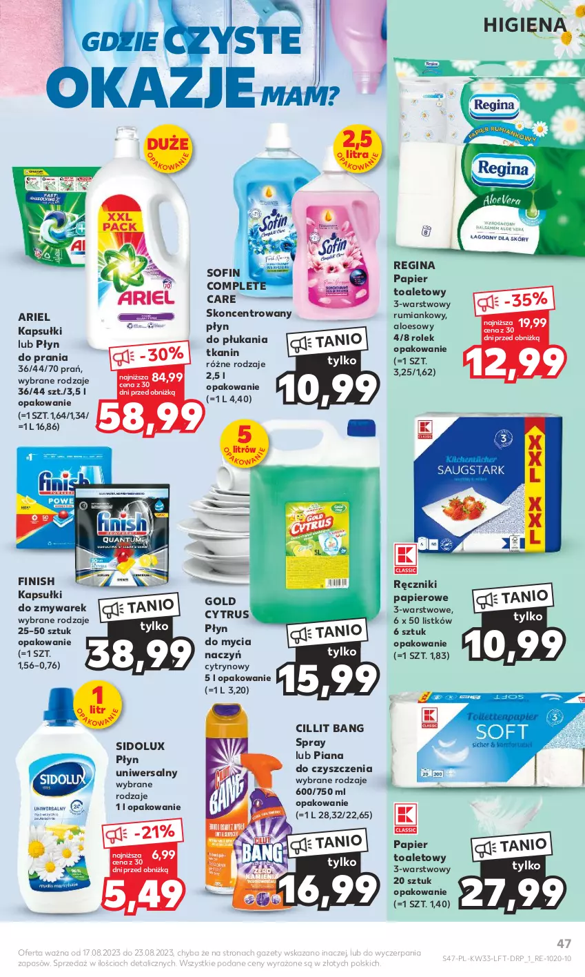 Gazetka promocyjna Kaufland - Gazetka tygodnia - ważna 17.08 do 23.08.2023 - strona 47 - produkty: Ariel, Cillit Bang, Do mycia naczyń, Finish, Gin, Papier, Papier toaletowy, Płyn do mycia, Płyn do mycia naczyń, Płyn do płukania, Płyn do prania, Ręcznik, Ręczniki papierowe, Rum, Sidolux