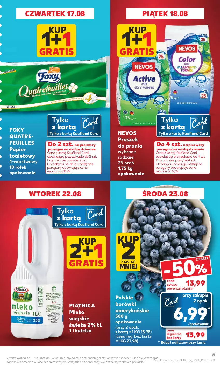 Gazetka promocyjna Kaufland - Gazetka tygodnia - ważna 17.08 do 23.08.2023 - strona 5 - produkty: Foxy, Gra, Mleko, Papier, Papier toaletowy, Piątnica, Proszek do prania