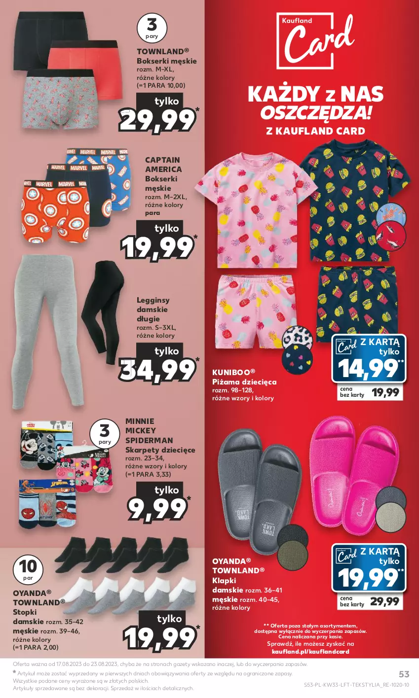 Gazetka promocyjna Kaufland - Gazetka tygodnia - ważna 17.08 do 23.08.2023 - strona 53 - produkty: Bokserki, Dzieci, Gin, Gra, Karp, Klapki, Legginsy, Minnie, Piżama, Ser, Spiderman, Top