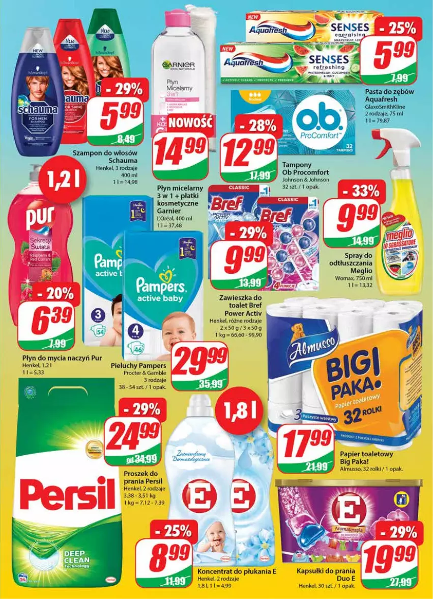 Gazetka promocyjna Dino - Gazetka - ważna 09.06 do 15.06.2021 - strona 19 - produkty: Aquafresh, Bref, Do mycia naczyń, Garnier, Kapsułki do prania, LG, Mus, Pampers, Papier, Papier toaletowy, Pasta do zębów, Persil, Pieluchy, Płatki kosmetyczne, Płyn do mycia, Płyn do mycia naczyń, Płyn micelarny, Pur, Rolki, Schauma, Senses, Szampon