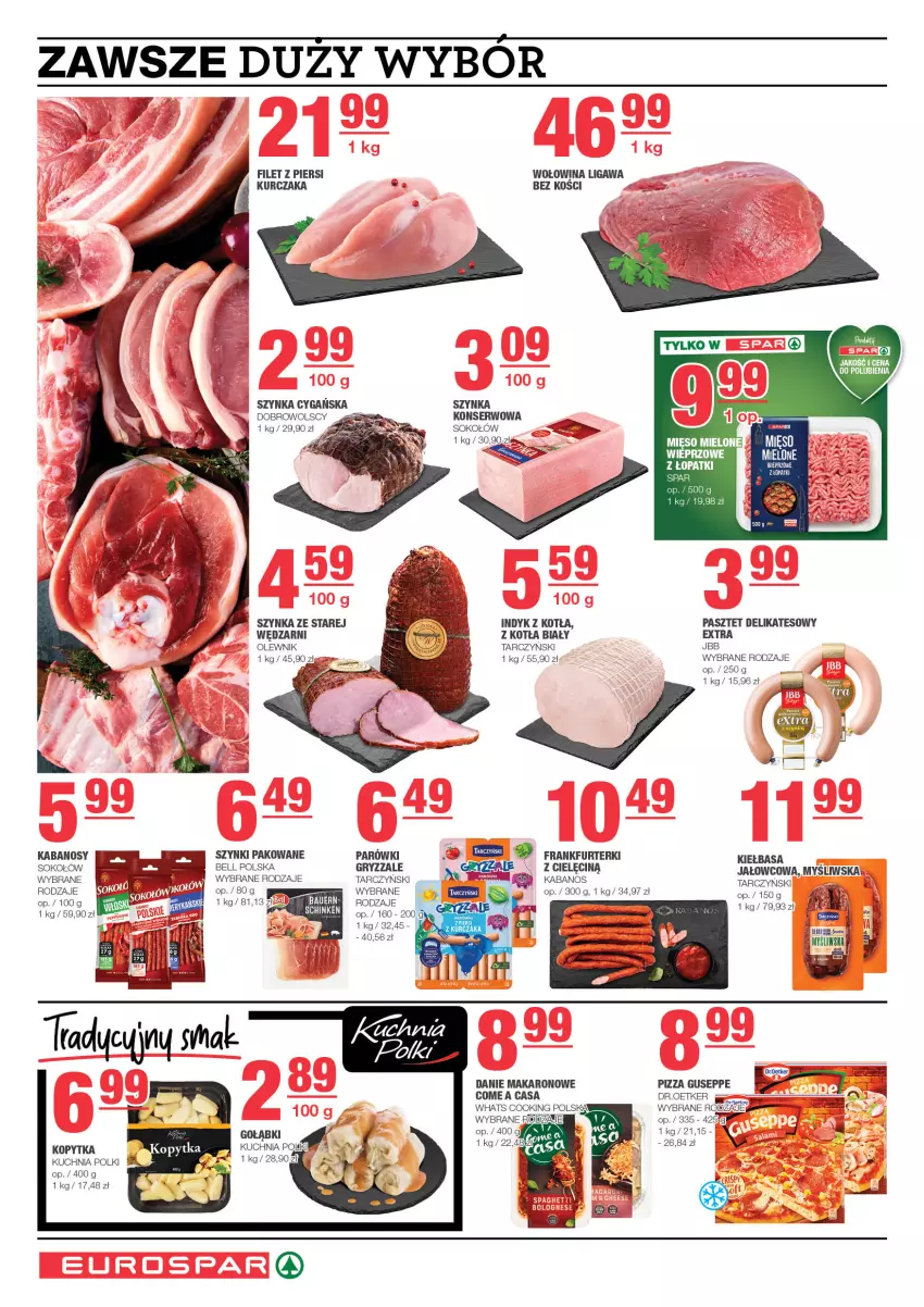 Gazetka promocyjna Spar - EuroSpar - ważna 01.12 do 11.12.2024 - strona 4 - produkty: Bell, Fa, Frankfurterki, Gry, Kabanos, Kiełbasa, Kopytka, Kuchnia, Kurczak, Makaron, Mięso, Olewnik, Parówki, Pasztet, Pizza, Ser, Sok, Sokołów, Szynka, Szynka cygańska, Tarczyński, Wołowina