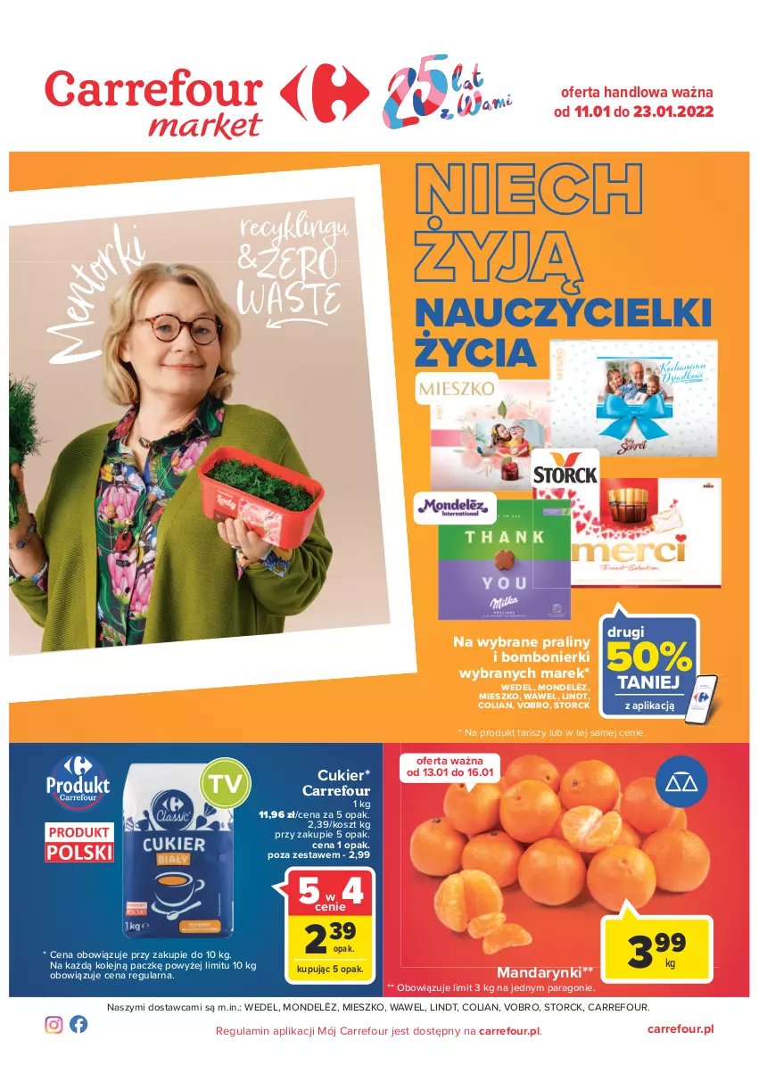 Gazetka promocyjna Carrefour - Gazetka Market - ważna 11.01 do 23.01.2022 - strona 1 - produkty: Cukier, Kosz, Lindt, Mandarynki, Olej, Praliny, Wawel