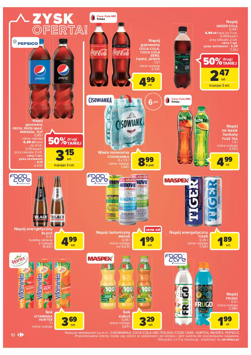 Gazetka promocyjna Carrefour - Gazetka Market - ważna 11.01 do 23.01.2022 - strona 10 - produkty: 7up, Cisowianka, Coca-Cola, Fa, Fanta, Hortex, Inka, Kosz, Kubuś, Lack, LANA, Mirinda, Napój, Napój energetyczny, Napój gazowany, Napój izotoniczny, Pepsi, Pepsi max, Sok, Sprite, Tiger, Woda, Woda mineralna