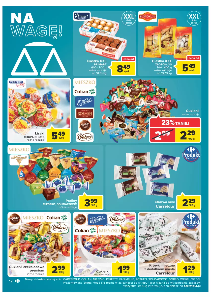 Gazetka promocyjna Carrefour - Gazetka Market - ważna 11.01 do 23.01.2022 - strona 12 - produkty: Chałwa, Chupa Chups, Ciastka, Cukier, Cukierki, Cukierki czekoladowe, Krówki mleczne, Lizaki, Por, Praliny, Prima, Wawel