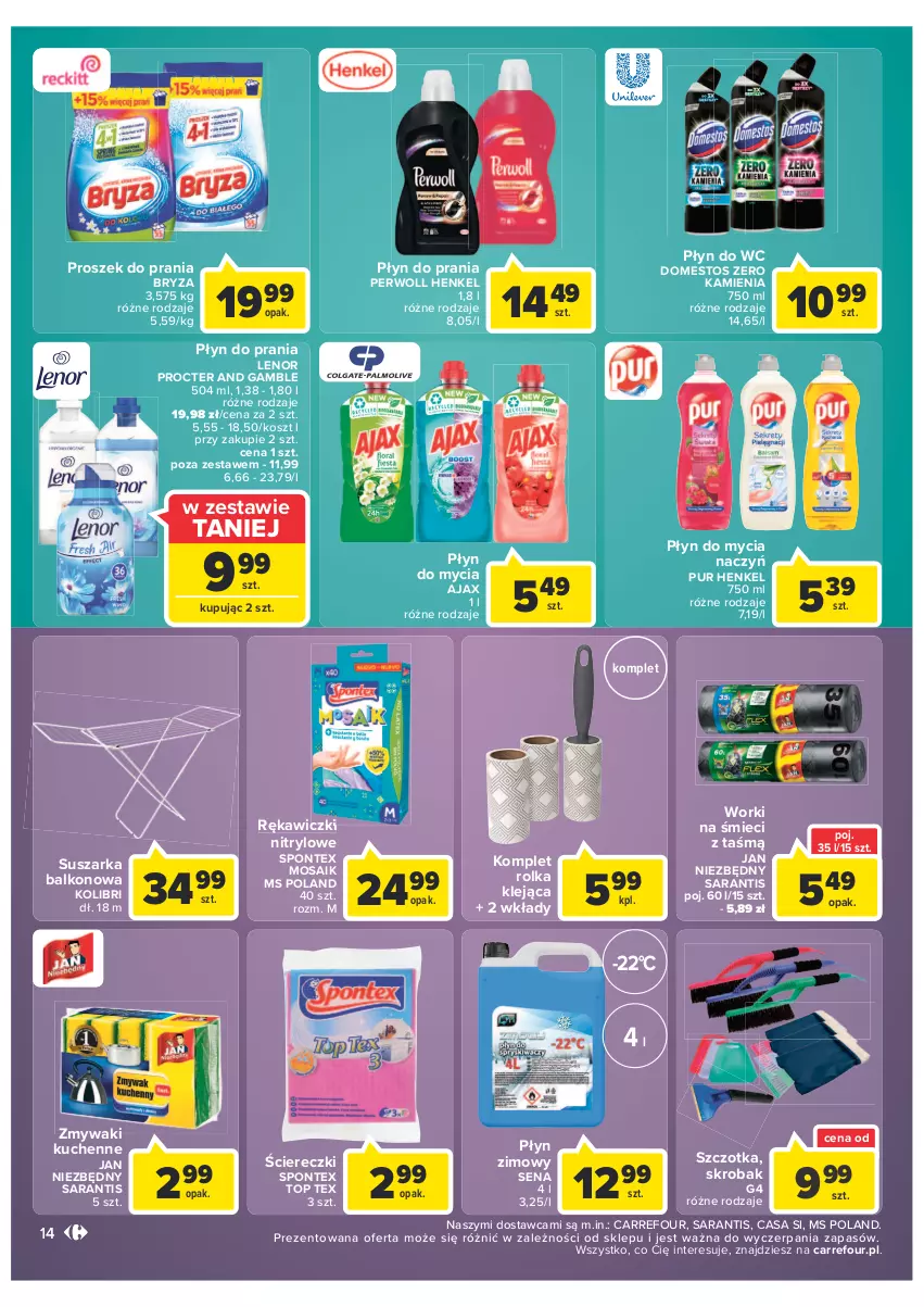 Gazetka promocyjna Carrefour - Gazetka Market - ważna 11.01 do 23.01.2022 - strona 14 - produkty: Ajax, Bryza, Do mycia naczyń, Domestos, Jan Niezbędny, Klej, Kosz, Lenor, Perwoll, Płyn do mycia, Płyn do mycia naczyń, Płyn do prania, Płyn do wc, Płyn zimowy, Proszek do prania, Pur, Suszarka, Suszarka balkonowa, Szczotka, Top, Worki na śmiec, Worki na śmieci, Zmywaki kuchenne