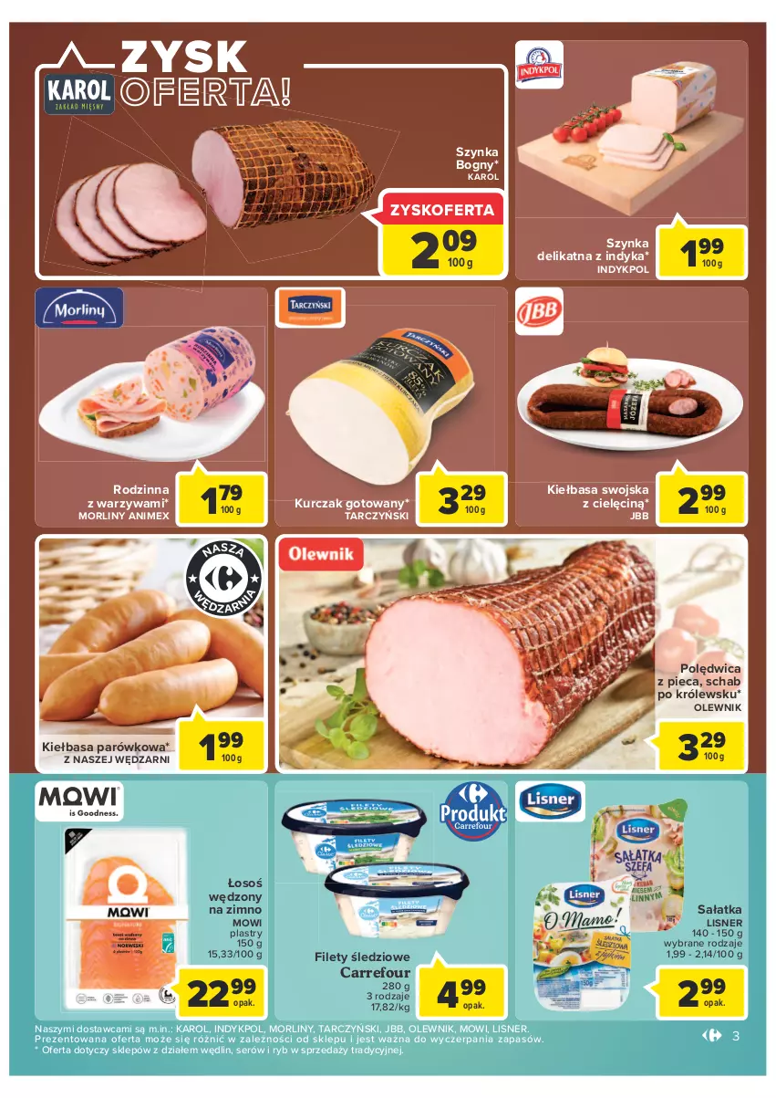 Gazetka promocyjna Carrefour - Gazetka Market - ważna 11.01 do 23.01.2022 - strona 3 - produkty: Kiełbasa, Kurczak, Kurczak gotowany, Lisner, Morliny, Olewnik, Piec, Polędwica, Sałat, Sałatka, Ser, Szynka, Tarczyński, Warzywa