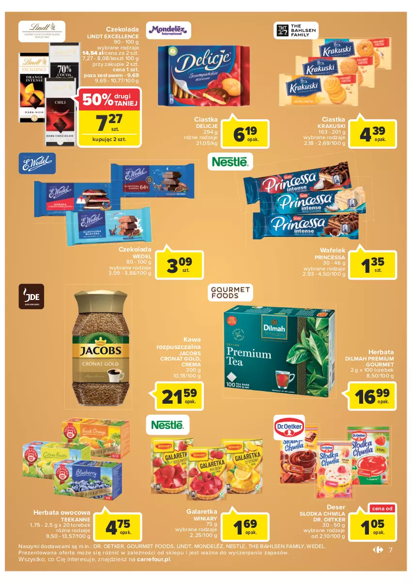 Gazetka promocyjna Carrefour - Gazetka Market - ważna 11.01 do 23.01.2022 - strona 7 - produkty: Ciastka, Czekolada, Delicje, Deser, Dilmah, Dr. Oetker, Fa, Gala, Galaretka, Herbata, Herbata owocowa, Jacobs, Kawa, Kawa rozpuszczalna, Kosz, Krakus, Krakuski, Lindt, Nestlé, Princessa, Ser, Słodka Chwila, Teekanne, Wafelek, Winiary