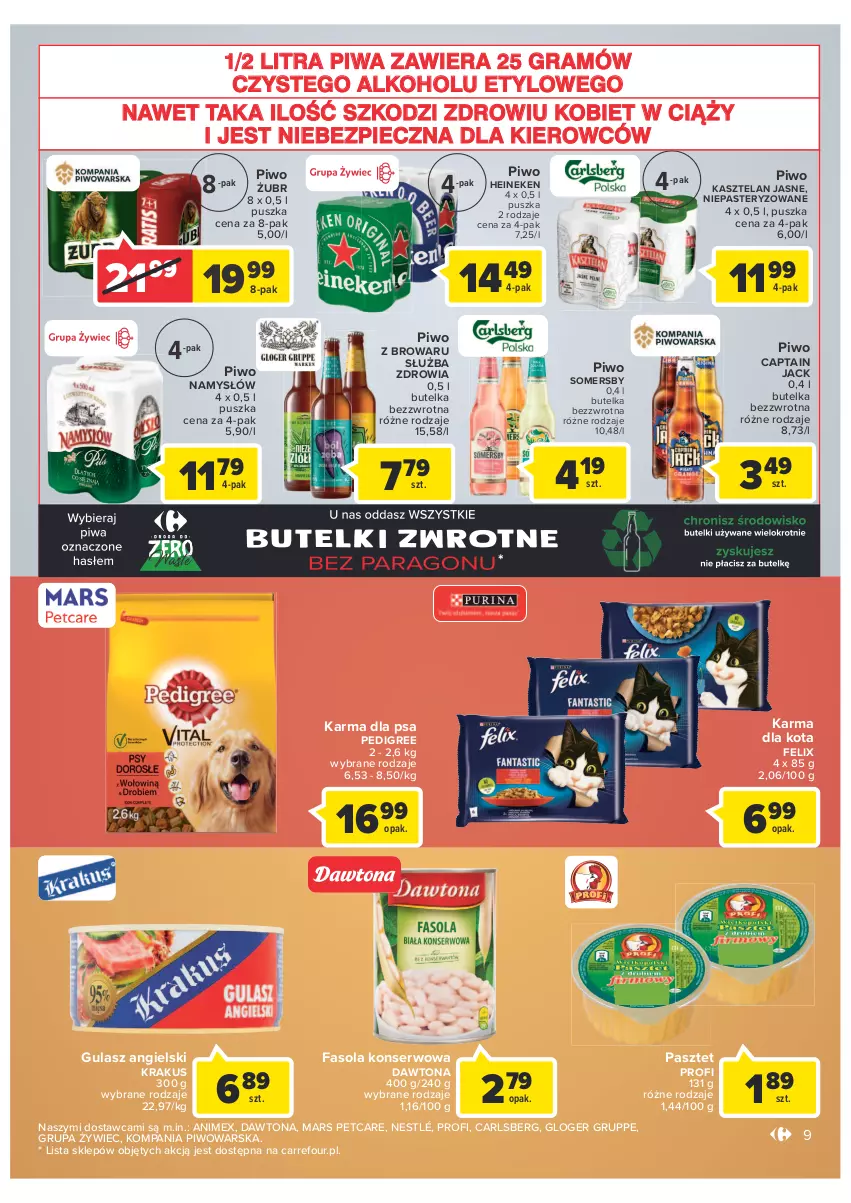 Gazetka promocyjna Carrefour - Gazetka Market - ważna 11.01 do 23.01.2022 - strona 9 - produkty: Captain Jack, Carlsberg, Dawtona, Fa, Fasola, Felix, Gra, Heineken, Kasztelan, Krakus, Mars, Namysłów, Nestlé, Pasztet, Pedigree, Piec, Piwa, Piwo, Ser, Somersby