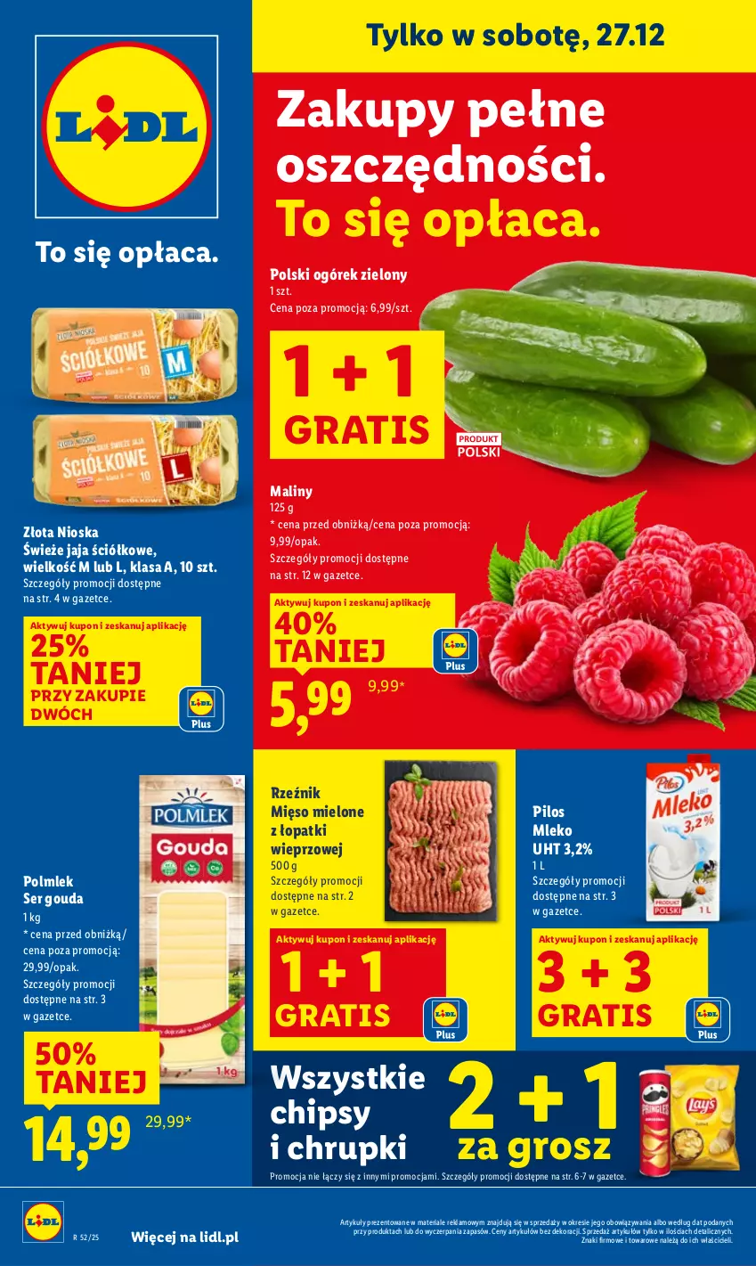 Gazetka promocyjna Lidl - GAZETKA - ważna 27.12 do 27.12.2025 - strona 1 - produkty: Chipsy, Chrupki, Gouda, Gra, Jaja, Maliny, Mięso, Mięso mielone, Mięso mielone z łopatki wieprzowej, Mleko, Ogórek, Pilos, POLMLEK, Ser
