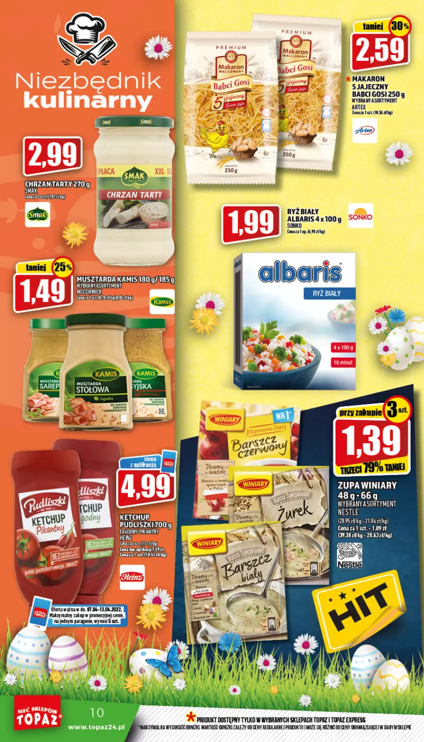 Gazetka promocyjna Topaz - Gazetka - ważna 07.04 do 13.04.2022 - strona 10 - produkty: Makaron, Mus, Musztarda, Ryż, Sok, Sonko, Top, Winiary, Zupa