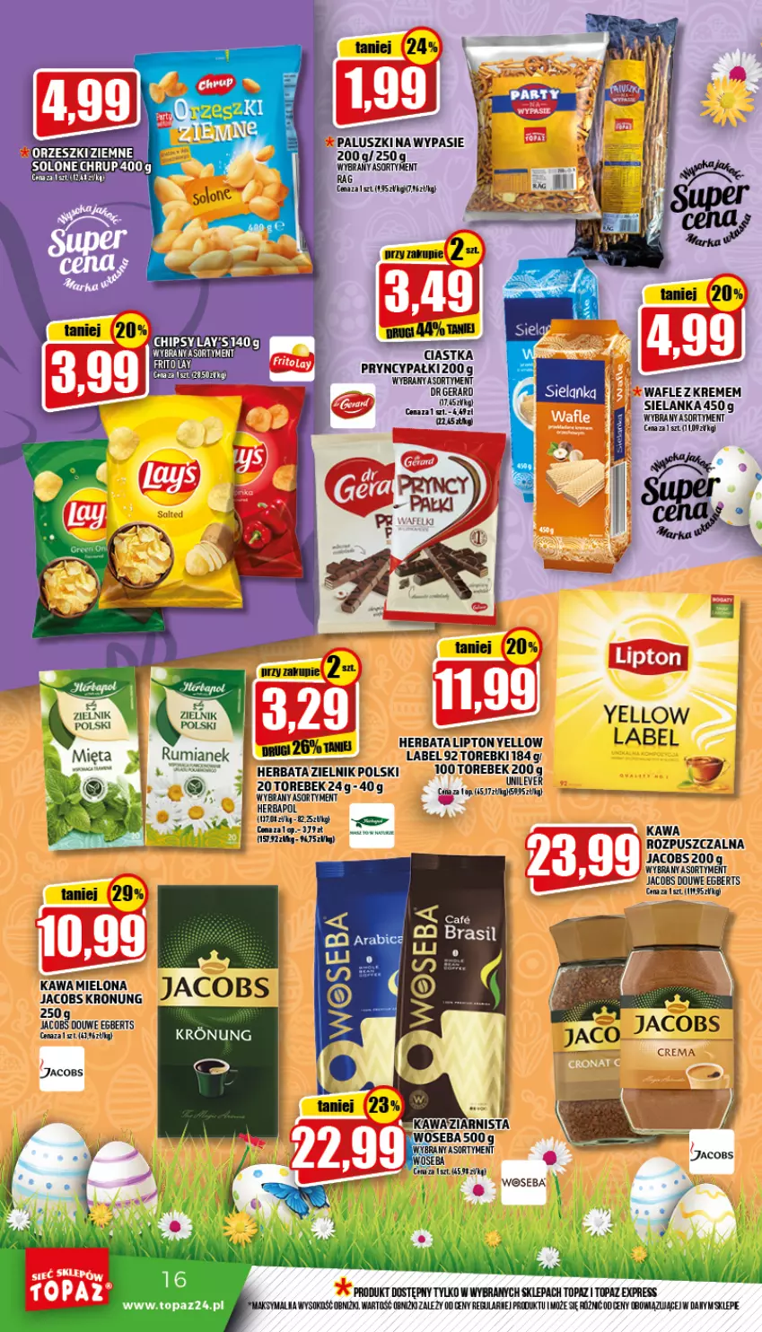 Gazetka promocyjna Topaz - Gazetka - ważna 07.04 do 13.04.2022 - strona 16 - produkty: Ciastka, Dr Gerard, Herbapol, Herbata, Jacobs, Kawa, Lipton, Orzeszki, Orzeszki ziemne, Sok, Top, Wafle, Woseba